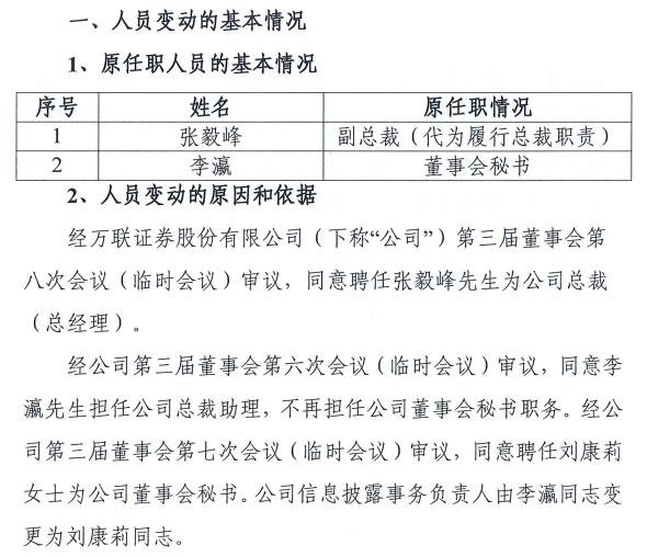 万联证券聘任张毅峰为公司总裁